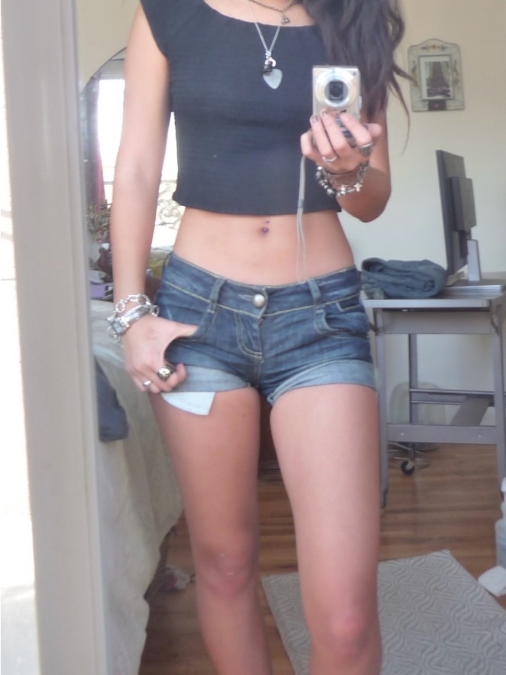 Denim Rolled Cuff Dark Blue Mini Jean Shorts - Women's